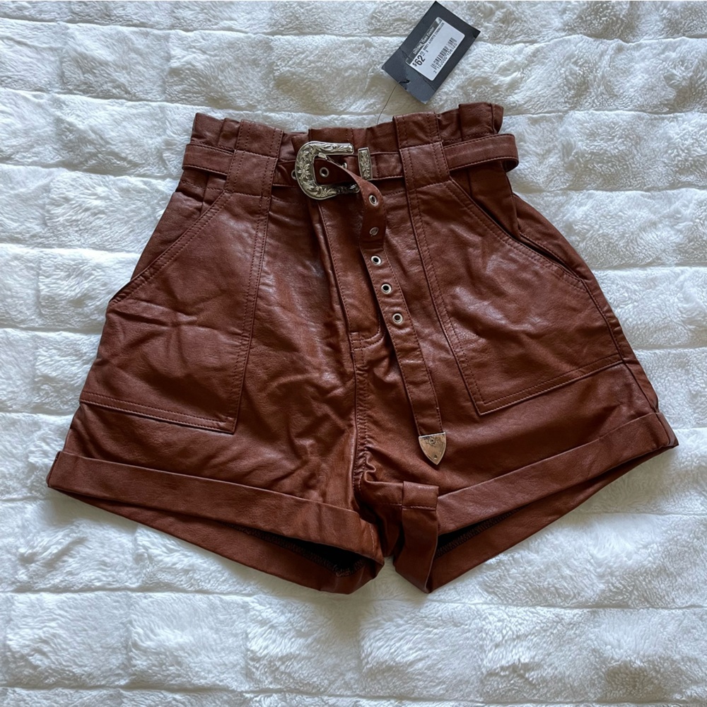 Brown Faux Leather Shorts with Belt